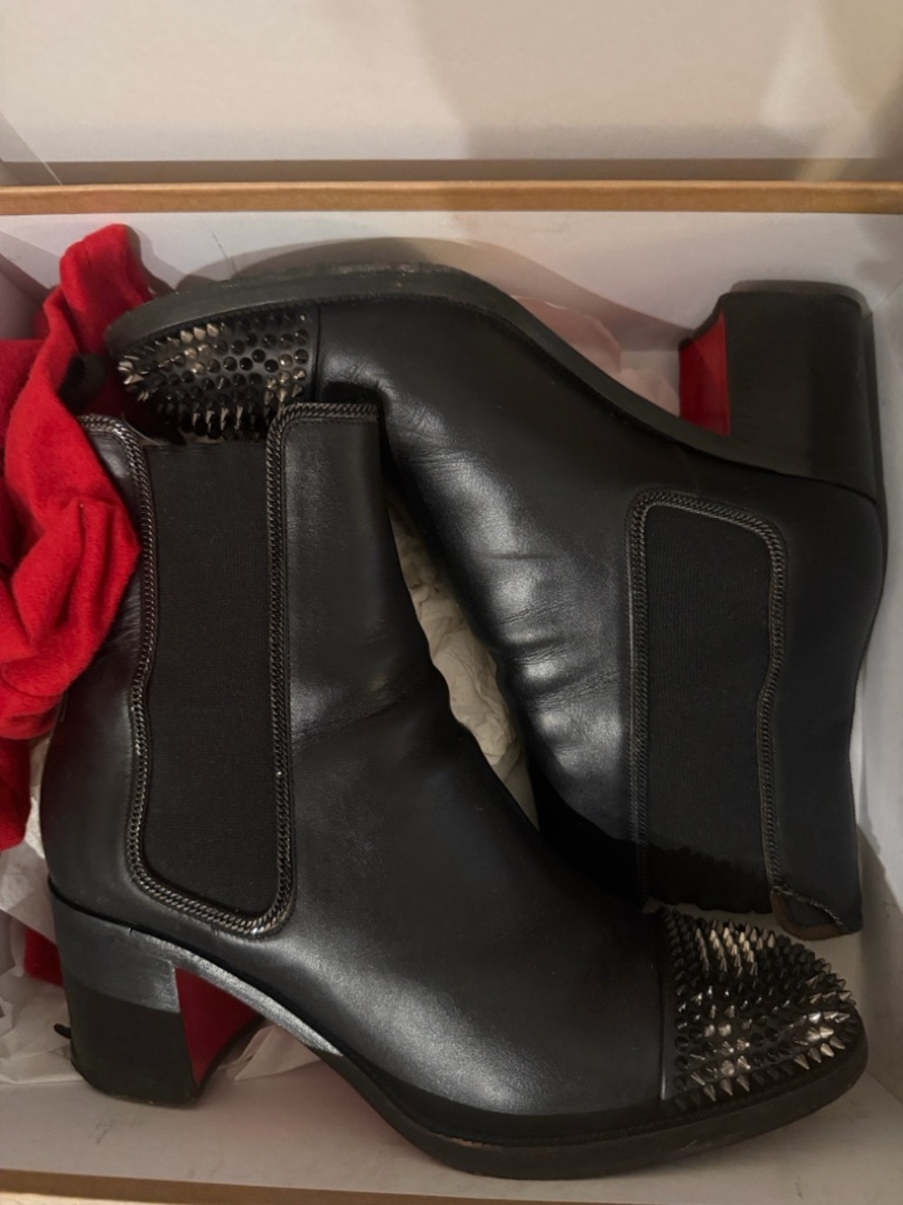 Christian Louboutin Black Leather Chelsea Boots with Studded Toe